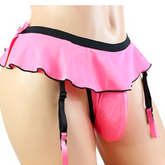 Men’s Sissy Lace Ruffle Skirt Panties – Crossdresser Lingerie with Adjustable Garters, Pink/Red